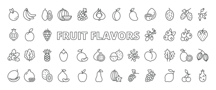 Fruit flavors icons in line design. fruit flavors, fruity taste, strawberry, orange, lemon, apple, mango on white background vector. Fruit flavors editable stroke icons