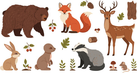 Fototapeta premium Forest woodland animals collection with bear fox deer badger rabbit and mouse surrounded by leaves mushrooms and branches cute nature vector illustration set