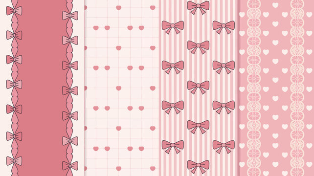 A collection of seamless pink patterns featuring bows hearts and stripes ideal for backgrounds textiles or digital scrapbooking high quality professional detailed modern elegant stylish clean