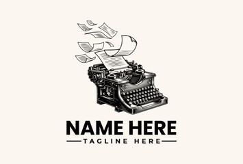 Obraz premium A black and white illustration of a vintage typewriter with flying papers and a clean design on a beige background for a logo or icon.