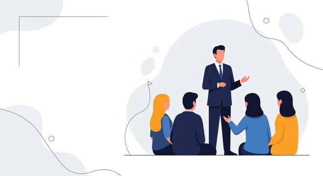 Business meeting: leader presenting to diverse team sitting on floor, flat design