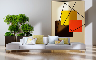 Naklejka premium Large luxury modern bright interiors Living room mockup illustration 3D rendering Generated Color Image