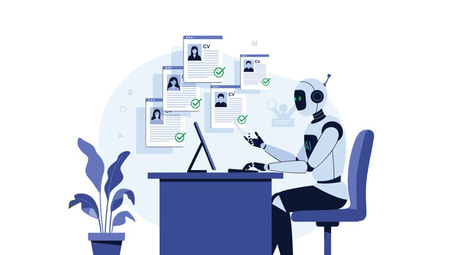 Modern robot sitting at a desk and using a computer to scan multiple resumes for an automated corporate recruitment process.