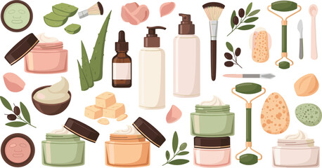 Natural skincare and beauty products collection with aloe vera creams bottles jade rollers and organic cosmetic ingredients spa wellness vector illustration set © Shefali