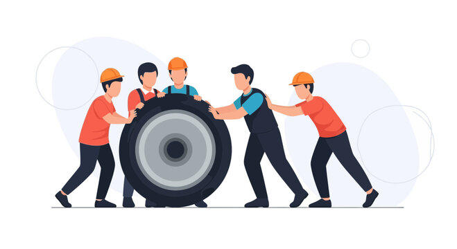 Teamwork pushing a large tire, symbolizing collaboration and shared effort