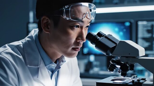 Asian Scientist Working in Laboratory with Microscope and Advanced Technology.