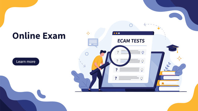 Male student using a large magnifying glass to check questions on an online exam displayed on a laptop screen for distance learning.