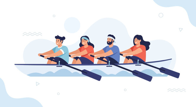 Team Rowing in Sync: Four People Rowing a Boat Together