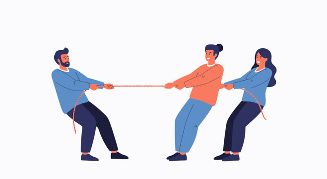 Tug of War: Three people pulling rope, teamwork and competition concept illustration