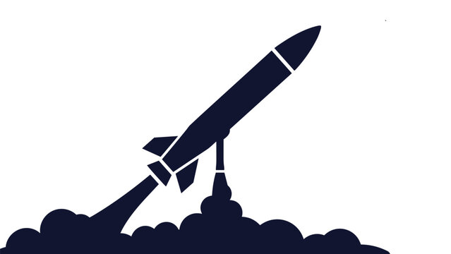 Simple silhouette of a rocket launching into the sky with a massive smoke cloud at the base representing startup and growth.