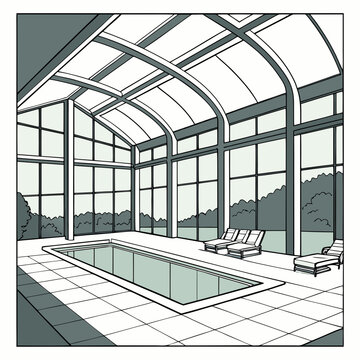 A large indoor swimming pool with a glass roof