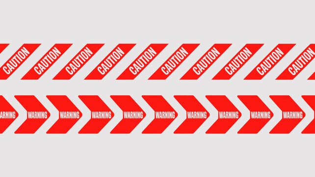 A repeating pattern of red and white caution tape and warning signs is displayed against a light gray background high quality professional detailed modern elegant stylish