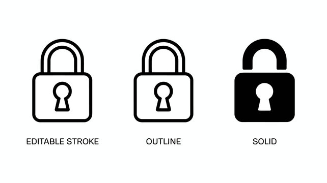 Three variations of a padlock icon are displayed editable stroke outline and solid fill showcasing different design styles high quality professional detailed modern elegant stylish clean