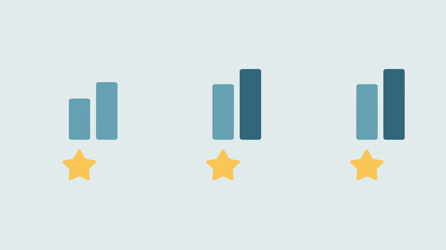 The image displays three sets of ascending bar graphs each accompanied by a golden star representing ratings or progress high quality professional detailed modern elegant stylish