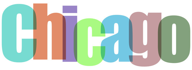 Colorful 'Chicago' text with overlapping transparent letters creating a vibrant, modern typography design on a clean white background, ideal for travel and city themes.