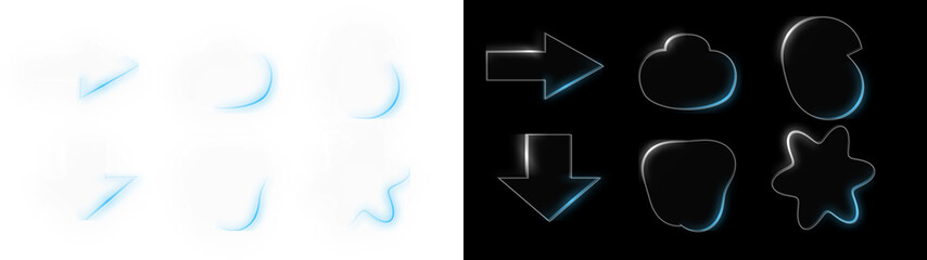 Fototapeta premium PNG image of Set of 12 Abstract Light Blue Neon Outline Shapes and Arrows Vector Illustrations for Modern UI Design and Digital Graphics isolated on Transparent Background