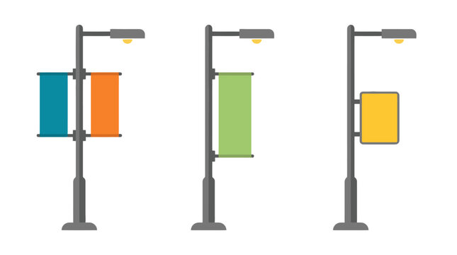 Three modern flat design street lamps featuring blank teal orange green banners and a yellow rectangular signboard.