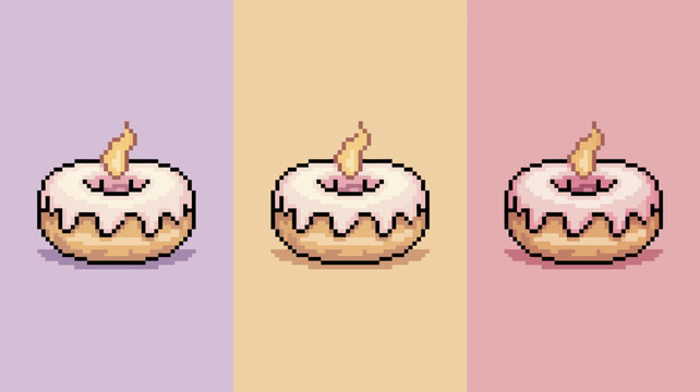 Three pixel art donuts with pink frosting and a single candle are displayed against a pastel background of lavender peach and pink high quality professional detailed
