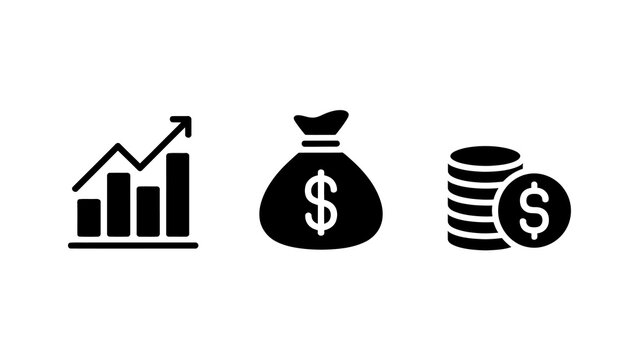 A minimalist graphic depicts financial growth wealth and currency featuring a rising chart money bag and stacked coins high quality professional detailed modern elegant stylish clean