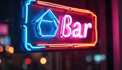 Fototapete Bar Neon bar sign glows brightly at night. Colorful electric illumination advertises establishment. Red blue and orange lights invite customers to enter cozy pub.  © Viktor