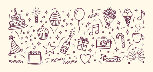 Hand drawn party celebration doodle set with birthday cake gift balloon champagne and music icons for festive event design © Arshad