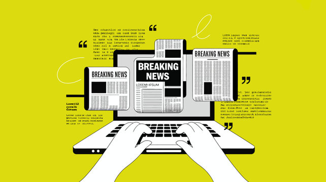 A digital illustration depicts a laptop displaying breaking news headlines from multiple newspaper articles with hands typing on the keyboard high quality professional detailed modern elegant