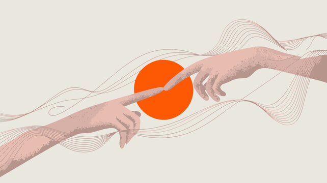 Two hands reach towards each other almost touching a vibrant orange circle against a soft neutral background evoking connection high quality professional detailed modern elegant stylish