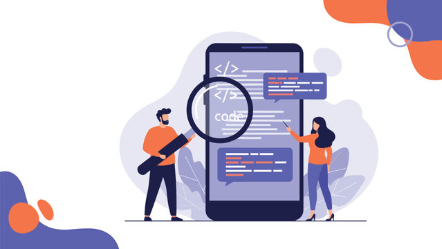 Two software developers use a magnifying glass to inspect and analyze lines of code displayed on a large smartphone screen.