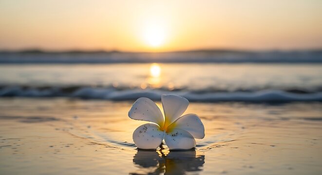 White Frangipani Flower on Beach at Sunset.
