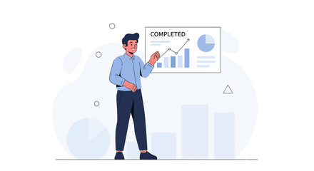 Fototapeta premium Man presenting completed business growth chart with rising arrow and pie chart