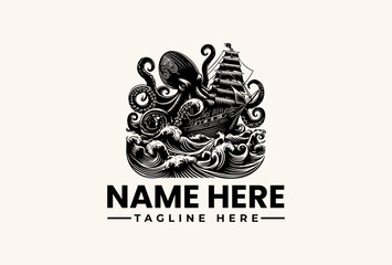 Black and white illustration of an octopus and a ship in stylized waves with a placeholder name and tagline on a beige background. © vectorvovdesign