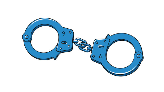 Pair of blue metal handcuffs connected by a short chain representing law enforcement, arrest, justice, and legal constraints.