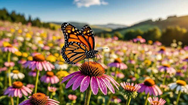 A vibrant monarch butterfly perches on a purple coneflower amidst a colorful field of wildflowers