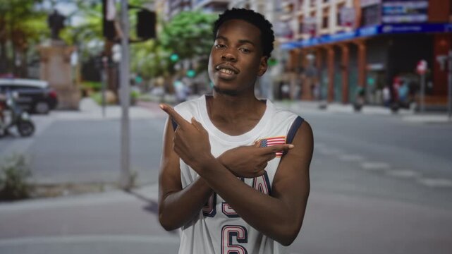 Man in white usa basketball jersey with flag patch on chest stands on street finger pointing to left; confidence.