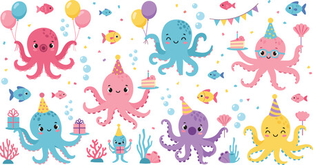 Cute cartoon octopus birthday party collection with balloons cake gifts fish bubbles and sea elements adorable underwater celebration characters vector illustration set © Shefali