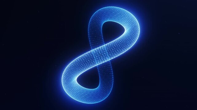 Glowing wireframe infinity symbol on dark background. Blue futuristic loop sign with digital mesh, luminous geometry and abstract technology motion. 4k 60 fps.