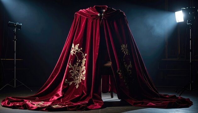 A luxurious deep crimson velvet opera cloak with intricate gold floral embroidery, presented dramatically.