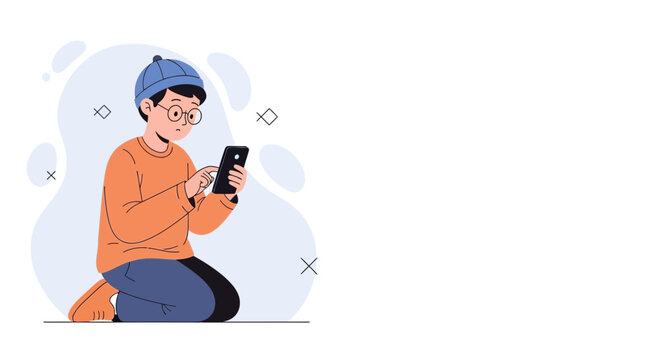 Boy in glasses and hat using smartphone, sitting on floor, flat design illustration
