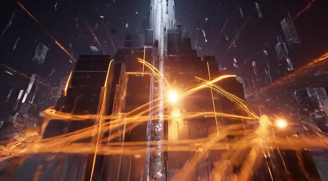 Futuristic dark monolith in a scifi cityscape with glowing golden light trails and floating architectural elements