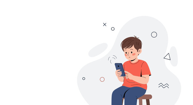 Boy engrossed in smartphone, abstract shapes, modern illustration