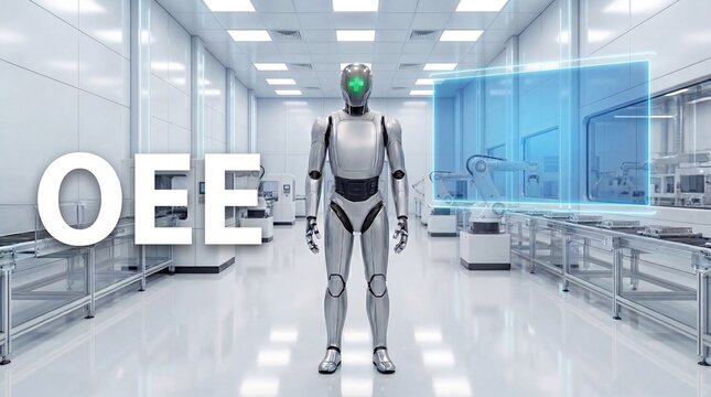 Futuristic robot presenting OEE manufacturing metrics and a digital display in a highly automated plant