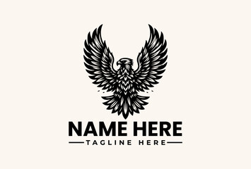 Fototapeta premium Black and white illustration of an eagle logo with outstretched wings and placeholder text on a beige background, featuring a vector pictogram design.