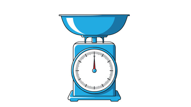 Blue mechanical kitchen weighing scales with a large bowl on top and a round dial with a red needle for measuring ingredients.