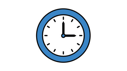 Fototapeta premium Simple blue wall clock with a white face and black hands pointing exactly to three o'clock with clear hour marks around the edge.
