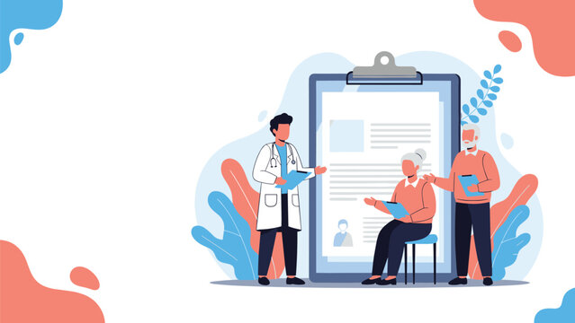Caring male doctor in a white lab coat explains a detailed medical report to an elderly man and woman in a clinic.
