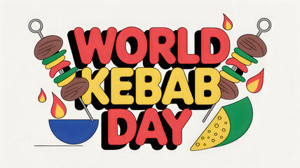 Fototapeta premium Brightly colored illustration celebrating World Kebab Day with skewers and flames