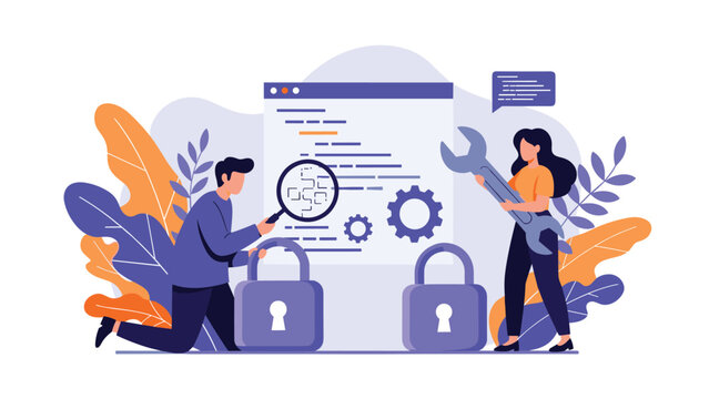 Developers and software engineers working together to fix bugs, test code, and improve system security on a large web browser interface with tools.
