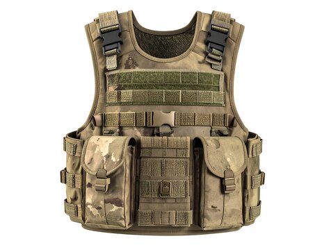 Camo tactical vest with pouches and straps, isolated on white background, ready for action and protection
