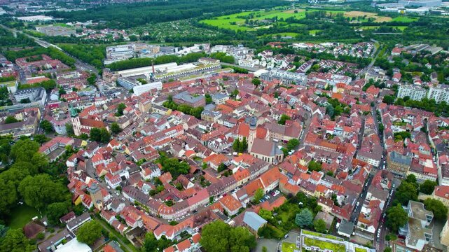 Aerial panoramic view of the old town city Durlach on a sunny  noon in spring in Germany.