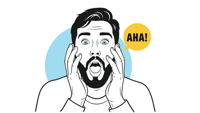 Surprised man with his hands on his face and mouth open in shock as a yellow speech bubble with the word aha appears next to his head in a circle.